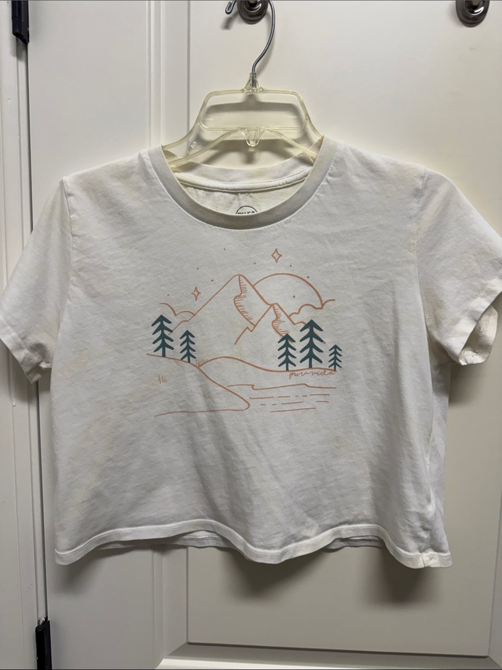 Pura Vida White Tee with Peach Mountain & Teal Trees Graphic